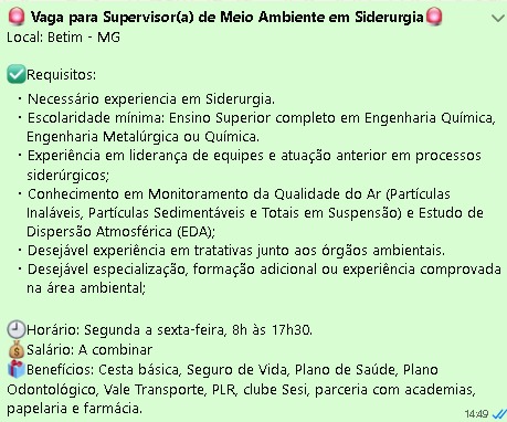 Supervisor(a) de Meio Ambiente em Siderurgia